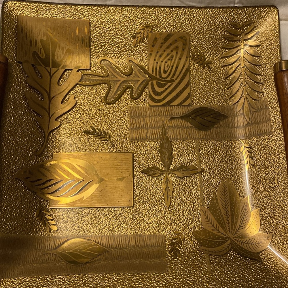 Mid-Century Modern Colony Glass "Leaf" Motif Glass & Teak Handled Gold Leaf Tray